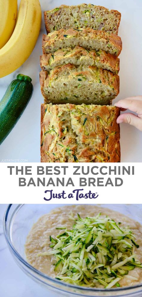 This zucchini banana bread recipe will quickly become your favorite summer snack! Shredded zucchini is folded into a tried and true buttermilk banana bread recipe. The result is a perfectly golden brown and super moist loaf. #justatasterecipes Pudding Banana Bread, Bread Recipe Healthy, Recipes Banana Bread, Zucchini Banana Bread Recipes, Cake Banana Bread, Buttermilk Banana Bread, Zucchini Recipes Dessert, Banana Bread Cake, Best Zucchini