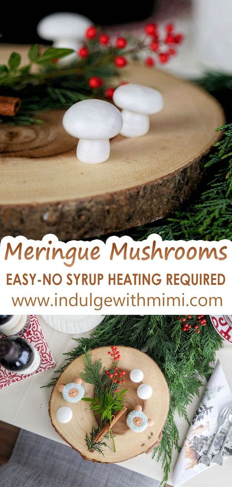 Meringue mushrooms on a wooden presentation plate. Sugar Glue Recipe, Coffee Cake Loaf, Meringue Mushrooms, Easy Meringues, French Meringue, Royal Icing Sugar, Poke Cakes, Piping Icing, White Icing