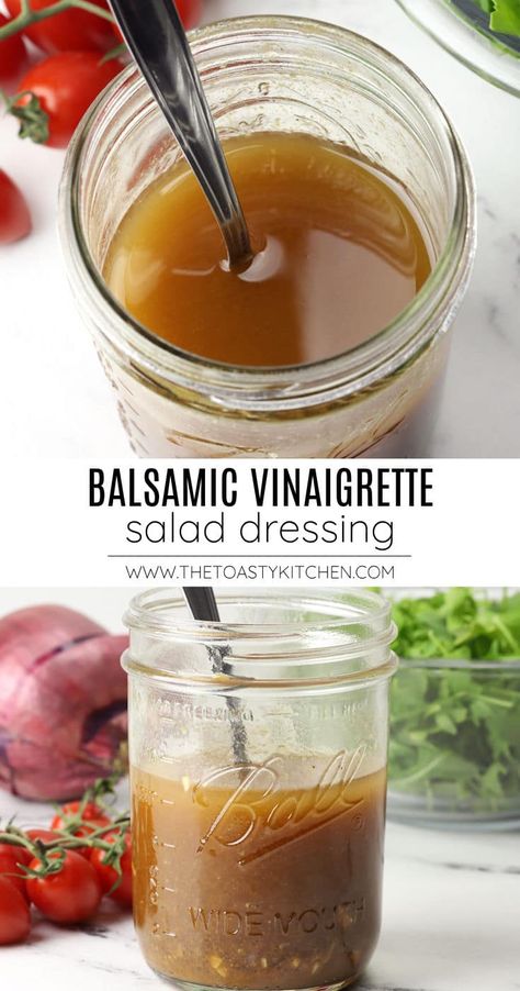 Balsamic vinaigrette dressing recipe by The Toasty Kitchen. Balsamic vinaigrette is a classic oil and vinegar salad dressing. Tart, tangy, flavorful, and ready in minutes with a handful of simple ingredients. #balsamicvinaigrette #classicvinaigrette #saladdressing #vinaigrettedressing #homemade #recipe Oil And Vinegar Dressing, Balsamic Vinegarette, Easy Homemade Salad Dressing, Delicious Healthy Salads, Balsamic Vinaigrette Salad, Creamy Balsamic Dressing, Honey Balsamic Vinaigrette, Balsamic Vinegar Dressing, Homemade Balsamic Vinaigrette