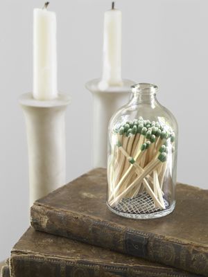 Cleaver idea. Pair your candles with this objet d’art: a reclaimed apothecary jar, with a hand-etched bottom for striking. Match Jar, Thinking Outside The Box, Apothecary Jars, Bottles And Jars, Objet D'art, Diy Projects To Try, My New Room, Country Living, Glass Jar