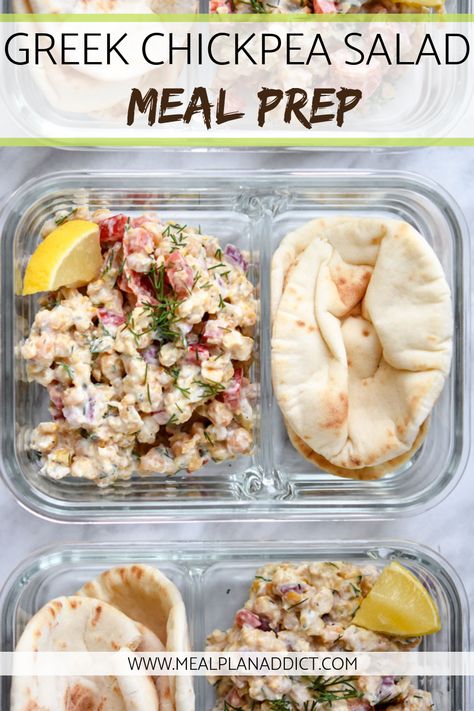 Pita Meal Prep, Chickpea Pita, Greek Chickpea Salad, Pita Recipes, Greek Chickpeas, Vegetarian Meal Prep, No Cook, Prepped Lunches, Vegan Meal Prep