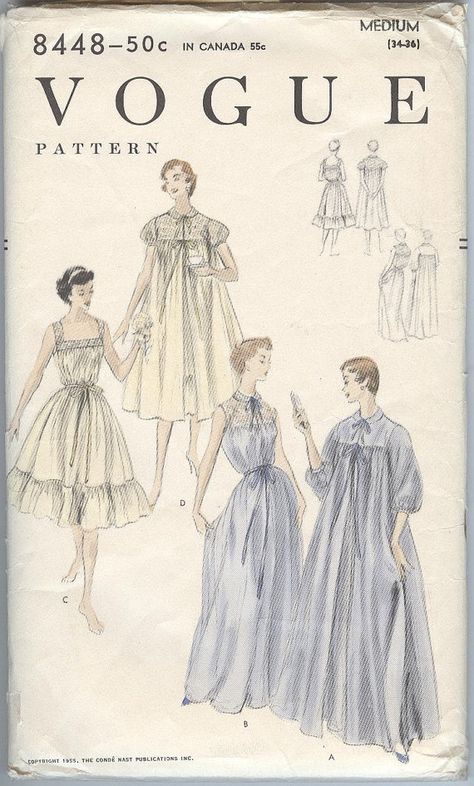 1950s Nightgown  Pattern Vogue 8992 Vintage Sewing Patterns Peignoir Bathrobe Shortie Size Medium 1950s Nightgown, 50s Clothing, Nightgown Pattern, Vintage Vogue Sewing Patterns, Personal Things, Retro Housewife, Vintage Nightgown, Vintage Dress Patterns, Vogue Sewing