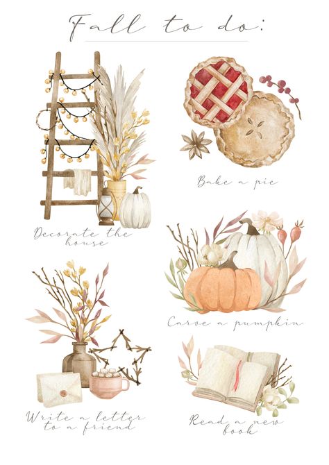 A few things to do in the fall. Set in warm pastel colors creates a unique mood of comfort and warmth of October evenings. November Illustration Fall, Cozy Fall Illustration, Fall To Do List, Package Illustration, Autumn Collage, Autumn Elements, October Art, Cottagecore Art, Illustration Noel