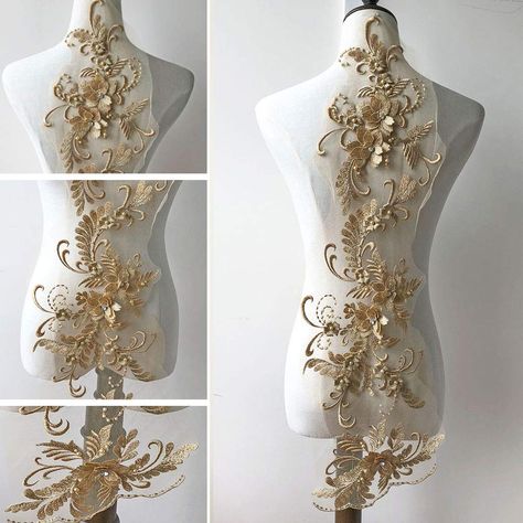 PRICES MAY VARY. Fine workmanship,beautiful and in delicacy Size:top:11inchesx7.5 inches,middle:15.4 inches x8.3 inches,bottom:4.7 inchesx9.8 inches 1 continouse length Gold color lace applique Feature:Beaded/3D/Crystal Crystal Beaded lace applique with 3D flower,ideal for veil,wedding dress,headpiece,craft objects, just about what you can imaged  A great touch of vintage.perfect for wedding dresses accessories, bridal headpiece , wedding gown making, formal wear, costumes or more handmade proje Gown Making, Patch Applique, Sewing Lace, Handmade Projects, Veil Wedding, Wedding Dress With Veil, Couture Embroidery, 3d Crystal, Lace Bridal Gown