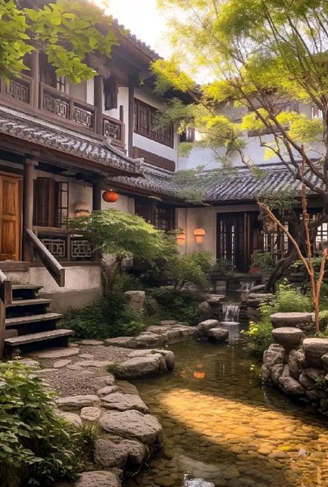 Small Japanese House Exterior, Japanese House Exterior, Small Japanese House, Traditional Chinese House, Living Aesthetic, Chinese House, Dreamy Artwork, Framed Pictures, Chinese Garden