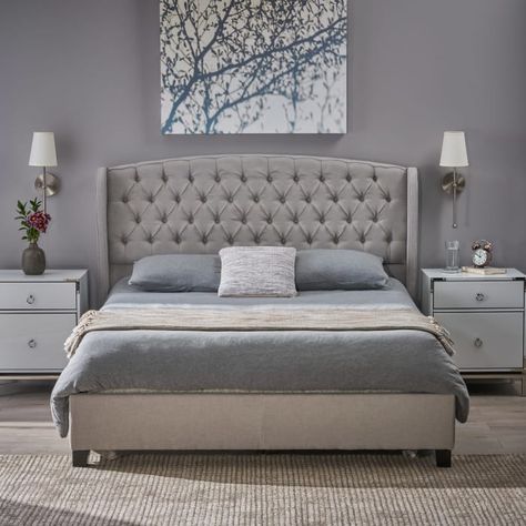 Light Gray Upholstered Queen Bed — Pier 1 Black King Bed, Queen Bed Set, Black Queen Bed, Queen Upholstered Bed, Bedroom Dimensions, Queen Platform Bed, Twin Bed Sets, Bed Lights, Queen Bedding Sets