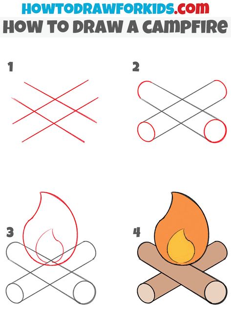 Draw Campfire, Campfire Drawing, Camping Drawing, Kindergarten Drawing, Drawing Lessons For Kids, Easy Cartoon Drawings, Doodle Art Journals, Easy Drawings For Kids, Small Drawings