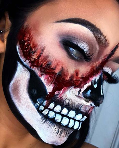 43 Cool Skeleton Makeup Ideas to Try for Halloween | Page 3 of 4 | StayGlam Liquid Latex Makeup Ideas, Skeleton Makeup Kids, Pretty Zombie Makeup, Halloween Makeup Blood, Cool Skeleton Makeup, Skeleton Makeup Ideas, Halloween Skeleton Makeup, Tatti Lashes, Spfx Makeup