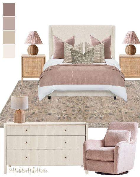 Mauve And Cream Bedroom, Mauve Girls Bedroom, Classic Girls Bedroom, Pink And Cream Bedroom, Toca Boca Room Ideas Modern, Modern Mansion Bedroom, Gold Girls Room, Toca Boca Room Ideas, Tilly Upholstered Bed