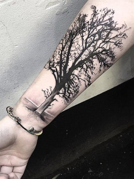 25 Intricate Tree Tattoos for Men in 2020 - The Trend Spotter Tato Lengan Bawah, Tato Geometris, Font Tato, Tree Sleeve Tattoo, Tree Tattoo Arm, Tato Paha, Oak Tree Tattoo, Forest Tattoos, Tato Lengan