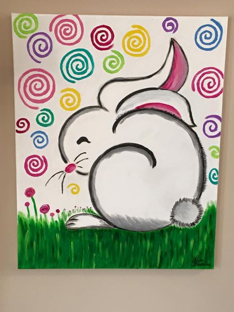 Acrylic Painting on Canvas by Lisa Fontaine.  Bunny.  Rabbit.  Easter Bunny.  Whimsical.  Nursery. Painting Ideas For Kids, Drawing Videos For Kids, Easter Canvas, Easter Paintings, Bunny Painting, Kids Canvas, Holiday Painting, Easy Canvas Painting, Easter Art