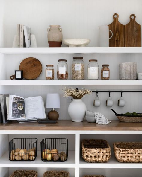 Christina Aldana (@ellisandhale) • Instagram photos and videos Kitchen Open Shelving Pantry, Open Pantry Styling, Pantry Styling Open Shelves, Kitchen Organization Shelves, Modern Pantry Organization, Pantry Aesthetic, Open Pantry Organization, Open Shelf Pantry, Kitchen Floating Shelf