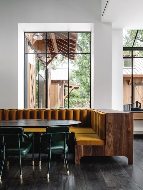 Eames Coffee Table, Beautiful Pantry, Little Beach House, Timber Ceiling, Brown Leather Sofa, Austin Homes, Banquette Seating, Timber Cladding, Open Living Room