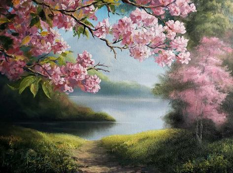 Flower Painting Landscape, Acrylic Spring Painting, Spring Landscape Drawing, Spring Landscape Paintings, Grass Houses, Flowers Landscape Painting, Kevin Hill Paintings, Flower Landscape Painting, Spring Flowers Painting