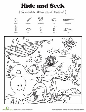 Ocean Worksheets: Hide and Seek Find The Hidden Objects, Fargelegging For Barn, Ocean Unit, Farm Preschool, Ocean Activities, Rainbow Fish, Ocean Crafts, Hidden Pictures, Hidden Objects