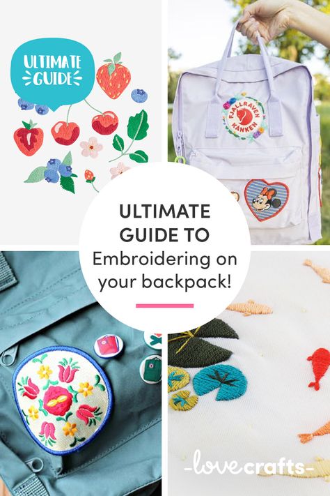 Jazz up an old backpack or make your Fjallraven Kanken less trendy accessory and more personalised perfection with these patterns! | Learn with LoveCrafts.com Embroidered Backpack Diy, Embroidering Backpacks, Fjallraven Kanken Embroidered Diy, Kanken Embroidery Ideas, Kanken Backpack Embroidery, Embroidery On Backpack, Backpack Embroidery Ideas, Fjallraven Kanken Embroidered, Kanken Embroidery