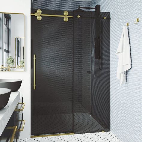 VIGO Elan 72" W x 74" H Single Sliding Frameless Shower Door With Rollerdisk Technology & Reviews | Wayfair Industrial Chic Design, Frameless Door, Frameless Sliding Shower Doors, Frameless Shower Door, Bathtub Doors, Tub Doors, Frameless Shower Doors, 7 Layer, Tinted Glass