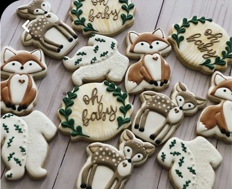 Woodland Baby Shower Cookies, Baby Shower Cookies For Boy, Woodland Animal Baby Shower Theme, Deer Cookies, Forest Baby Shower Theme, Woodland Baby Shower Theme Boy, Woodsy Baby Showers, Enchanted Forest Baby Shower, Pink Brunette