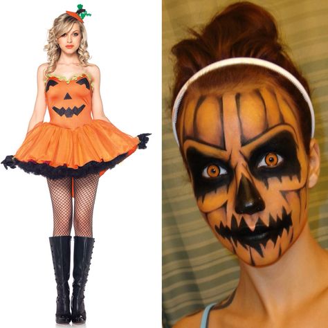 Sexy Pumpkin Costume + Makeup Idea 6 Pumpkin Queen Costume, Pumpkin Costume Makeup, Pumpkin Costume Women's, Halloween Gate, King And Queen Costume, Scary Halloween Makeup Ideas, Scary Halloween Makeup, Glam Halloween, Hey Ya