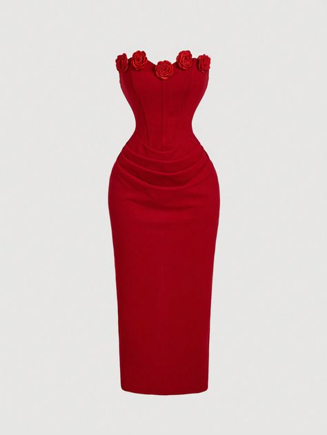 Red 3D Floral Ruched Bodycon Midi Dress For Women,Fall Wedding Guest Dress,Homecoming Dresses,Brunch Women Outfit,Vestidos Elegant,Fall/Winter Dresses,Concert Women Outfit,Halloween,Tea Party,Christmas ,Business Women Clothes,Thanksgiving Dress,Party Women Dresses,Formal Gown Red Elegant  Sleeveless Knitted Fabric Plain Bodycon Medium Stretch  Women Clothing, size features are:Bust: ,Length: ,Sleeve Length: Tea Party Christmas, Dresses Brunch, Dresses Concert, Halloween Tea Party, Tube Midi Dress, Thanksgiving Dress, Midi Dress For Women, Brunch Dress, Fall Wedding Guest