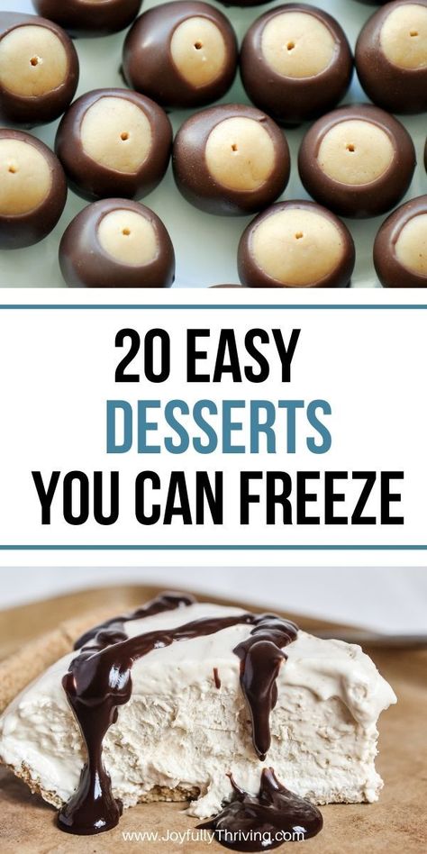 Desserts are a great thing to freeze for whenever you need them. Here are 20 easy desserts you can freeze. #freezercooking #easydessert #freezermeals Dessert You Can Freeze Ahead Of Time, Desserts That Can Be Frozen For Later, Desserts To Freeze Make Ahead, Desserts That Freeze Well, Make Ahead Desserts To Freeze, Freezable Desserts, Freeze Desserts, Freezer Desserts Recipes, Freezer Desserts