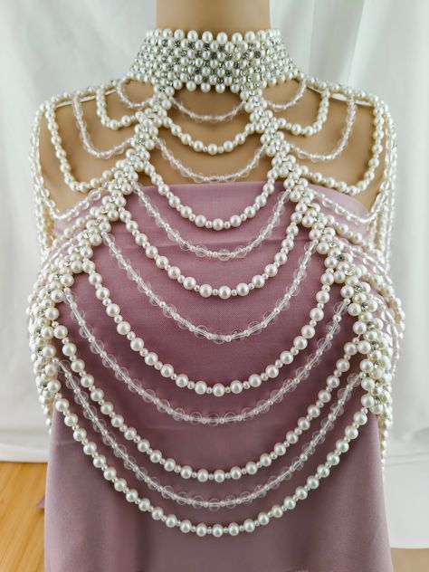 Welcome to AaiKhodalCreation！ Bridal Pearl Shoulder Necklace, Vintage Wedding Shoulder Jewelry, Pearl Body Jewelry, Statement Neckpiece If you would like to add an amazing look to your outfit, This pearl Shoulder Necklace will be the most special first choice. The metal chain closure at back is flexible enough to fit most sizes. You can adjust the length to a perfect fit with the extension chain. It can be easy to put on and take off, the best accessory for a weddings or proms, gather the most c Body Jewelry Outfit, Pearl Shoulder Necklace, Pearl Body Jewelry, Pearl Outfit, Beads Clothes, Shoulder Jewelry, Shoulder Necklace, Choker Necklace Designs, Wedding Planning On A Budget