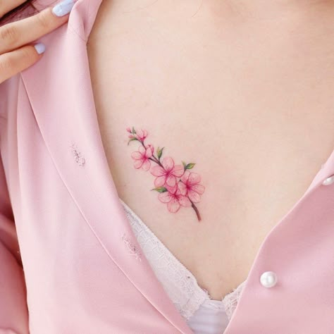 Womens Small Collar Bone Tattoos, Small Peony Tattoos For Women, Tattoo Sakura, Pink Flower Tattoos, Pretty Flower Tattoos, Sakura Tattoo, Cherry Tattoos, Bracelet Tattoo, Small Flower Tattoos