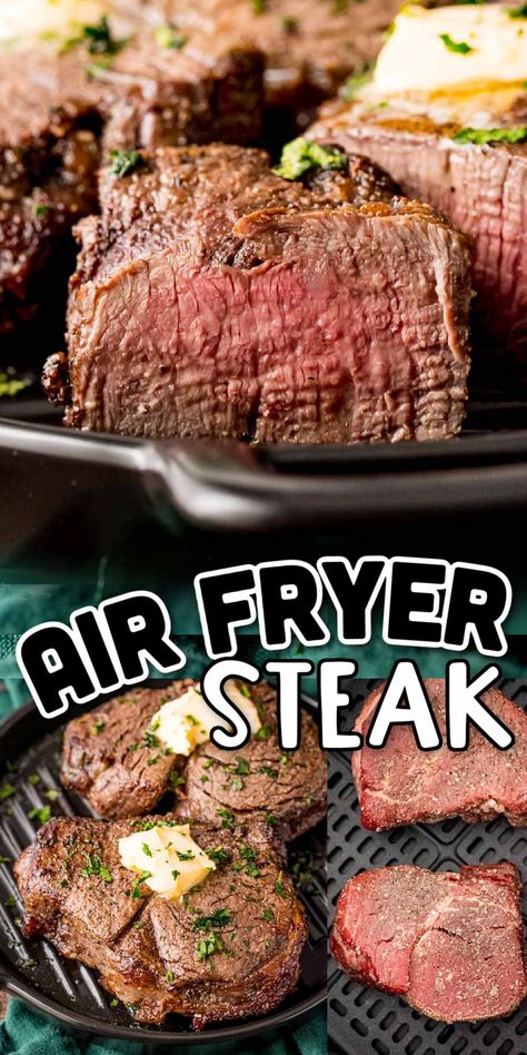 Air Fryer Steak is incredibly tender and juicy with a light crisp coating that cooks in just 14 minutes, making for a quick yet tasty dinner! You may never want to cook a steak any other way again! via @sugarandsoulco Airfryer Meals, Air Fry Steak, Building Kitchen, Strip Steak Recipe, Air Fryer Steak, Cooks Air Fryer, Tender Steak, Fried Steak, Airfryer Recipes