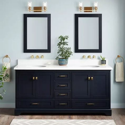 72" Quen Double Vanity With Undermount Sinks - Midnight Navy Blue, Navy Blue Bathroom Vanity, Satin Brass Hardware, Porcelain Sinks, Cabinet Vanity, Single Basin Sink, Quartz Vanity Tops, Soft Close Drawer Slides, Sophisticated Bathroom, Undermount Sinks