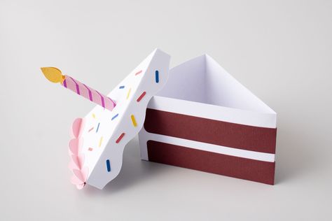 3d Gift Box Ideas, Paper Cupcake Craft, Paper Cake Diy, Cake Slice Box Template, Cake Paper Craft, Birthday Cake Slice, Cake Slice Boxes, Cardboard Cake, Paper Cake Box