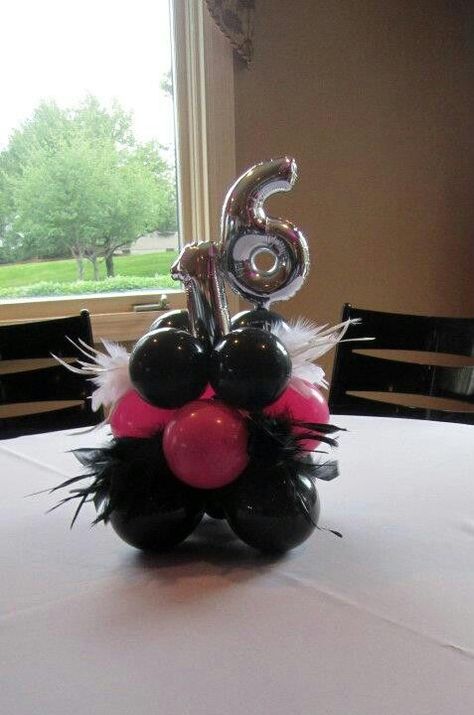 Paris Sweet 16, Balloon Table Centerpieces, Black Centerpieces, Sweet 16 Centerpieces, Pink Party Theme, Balloon Centerpiece, Sweet 16 Themes, 16 Balloons, Table Centerpieces Diy