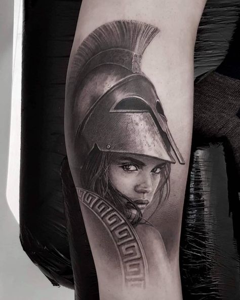 Athena Goddess Tattoo, Goddess Tattoos, Greek Goddess Tattoo, Athena Tattoo, Greek God Tattoo, Female Warrior Tattoo, Gladiator Tattoo, Black And Grey Tattoo, Spartan Tattoo