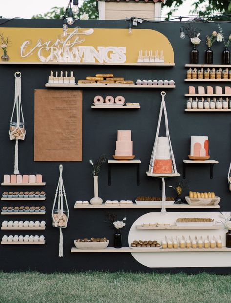 Inspired by the brides favorite treats this dessert wall is sure to please everyone's sweet tooth.  Photo: @elizabethwarrick_ Lolly Bar, Dessert Wall, Dessert Display Wedding, Decoration Evenementielle, Wedding Cake Alternatives, Booth Decor, Garage Studio, Nails Outfit, Diy Bride