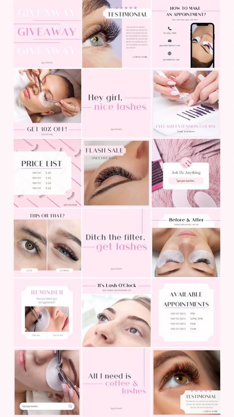 30 Instagram templates for lash artists and lash tech in pink color. Fully editable on canva. Social media design, instagram post ideas. Pink collection. Lash Business Social Media, Lash Theme Instagram, Pink Lash Tech Posts, Lash Tech Ig Feed, Lash Ideas Instagram Feed, Lash Giveaway Post, Beauty Business Post Ideas, Instagram Lashes Posts, Pink Lash Instagram Post