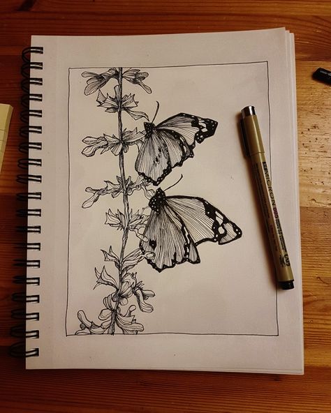 Butterfly Pen Sketch, Butterfly Pen Art, Sketchpen Drawings Ideas Aesthetic, Cool Art Drawings Ideas Sketches, Micron Pen Art Doodles, Fineliner Art Doodles, Butterfly Pen Drawing, Impressive Sketches, Fineliner Art Simple