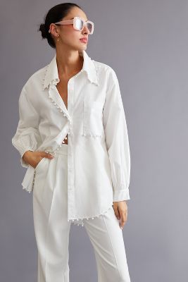 Embellished Tunic Buttondown | Anthropologie Embellished Shirt, Anthropologie Uk, White Button Down Shirt, 2022 Fashion, White Shirts, 50 Fashion, Evening Wear, White Shirt, Anthropologie