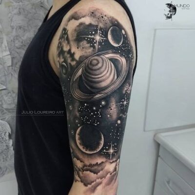 Galaxy tattoo black and white. Tattoos Space Galaxy, Tattoo Of Universe, Universe Leg Tattoo, Blackwork Galaxy Tattoo, Space Planets Tattoo, Universe Back Tattoo, Space Themed Sleeve Tattoo, Cool Cover Up Tattoos, Space Tattoo Sleeve For Women