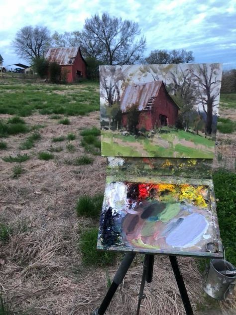 This is considered 'en plein air' because the artist is in the area/environment he's painting. -D'Aaron Owens Plein Air Gouache, En Plein Air Painting, Plein Air Easel, Painting Mediums, Farm Paintings, Barn Painting, Landscape Paintings Acrylic, Outdoor Paint, Starry Night Van Gogh