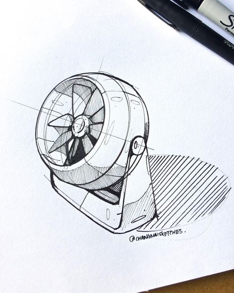 Fan Sketch, Structural Drawing, Sketchbook Project, Object Drawing, Perspective Art, Industrial Design Sketch, Portable Fan, Sketch Inspiration, Technical Drawing