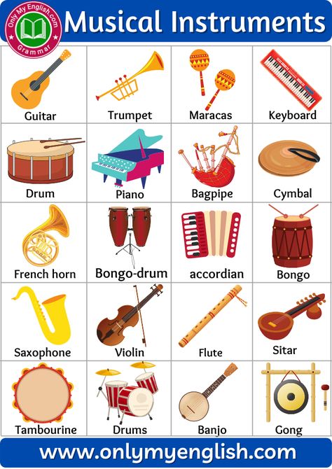 Musical Instruments Name List a-z Musical Instruments Drawing, Instrument Families, Kids Musical Instruments, All Music Instruments, Flashcards For Kids, Aktivitas Montessori, French Horn, English Lessons For Kids, Music And Movement