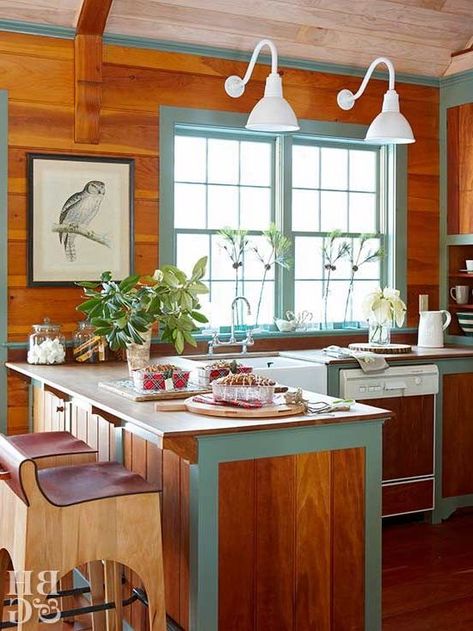 Kitchen Rustic Modern, Cabin Style Kitchen, Panel Walls, Kitchen Decor Lighting, Rustic Light Fixtures, Kitchen Rustic, Vintage Cabin, Eclectic Kitchen, Woodland Decor