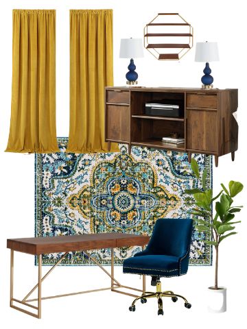 Indigo Office Decor, Blue And Yellow Office Ideas, Blue And Yellow Office Decor, Bold Home Office Design, Blue Yellow Office, Home Office Inspiration Bohemian, Office Interior Design Colorful, 2023 Home Office Trends, Yellow Office Design