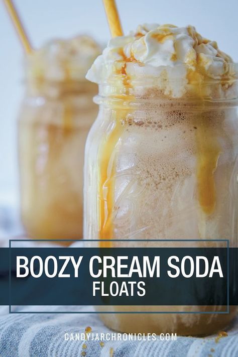 Boozy Cream Soda Floats is THE ice cream treat for summer. An easy recipe mixing vanilla ice cream, A&W cream soda and spiced rum creates a fizzy, creamy adult drink. Perfect for hot days. Looking for a non-alcoholic version suitable for the kiddos, just omit the booze. Finish it off with whipped cream and caramel sauce  #icecreamfloat #creamsoda #floats #booze via @Candy Jar Chronicles Alcoholic Ice Cream, Boozy Ice Cream, Ice Cream Cocktails, Soda Floats, Boozy Milkshake, Float Recipes, Ice Cream Drinks, Ice Cream Floats, Rum Cocktails