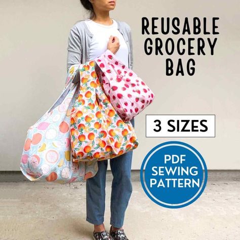 How to Make a Reusable Grocery Bag (Free Pattern) - MindyMakes Sew A Shopping Bag, Grocery Bag Storage Pattern, Making Grocery Bags, Shopping Bag Free Pattern, Sewing Shopping Bags Free Pattern, Sew Reusable Grocery Bags, Farmers Market Bag Pattern, Reusable Bag Sewing Pattern, Fabric Shopping Bags Free Pattern