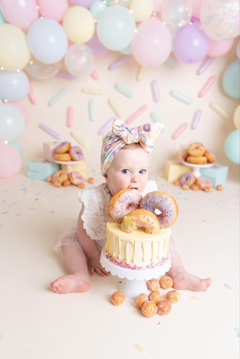 Donut Cake Smash, Half Birthday Party, Half Birthday Cakes, 2nd Birthday Photos, Candy Theme Birthday Party, Donut Themed Birthday Party, Cake Smash Theme, Sunshine Photography, Liquid Sunshine