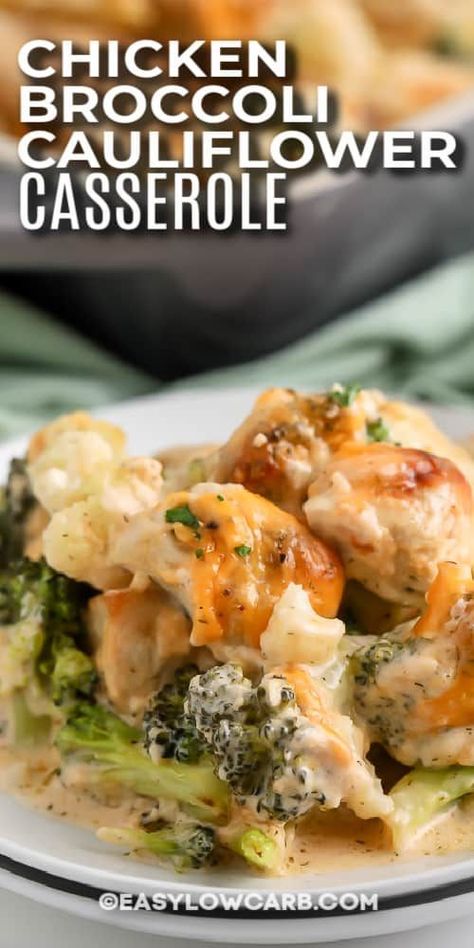 This chicken broccoli cauliflower casserole is a cheesy and creamy dish. Chicken, broccoli, and cauliflower covered in a sauce of cheddar, cream cheese, and cream is delicious.   #easylowcarb #chickenbroccolicauliflowercasserole #recipe #bake #healthy #cheesy #casserole #lowcarb #withcheddar #creamy #instantpot #crockpot Creamy Cauliflower Chicken Casserole, Chickens And Broccoli, Broccoli And Cauliflower Crockpot Recipes, Chicken Broccoli Cauliflower Crockpot, Cauliflower Recipes Chicken, Chicken Broccoli Cauliflower Rice Cheese Casserole, Chicken And Cauliflower Crockpot Recipes, Chicken Broccoli Cauliflower Casserole Healthy Recipes, Chicken Broccoli Califlour Casserole