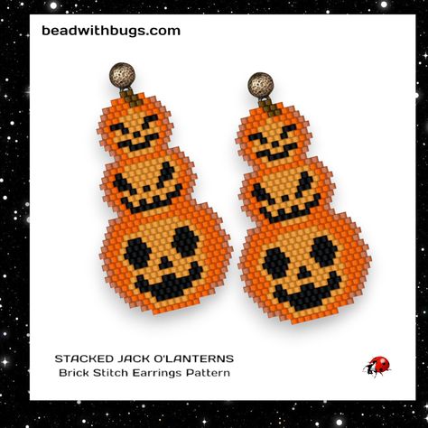 STACKED JACK O'LANTERNS:  A brick stitch beaded earring or ornament pattern depicting a stack of three jack o'lanterns.  These earrings finish at 1.3 inches wide and nearly 2 inches tall for fabulous Halloween impact. Stitch Type: Brick Bead Type: Miyuki Delica Bead Size: 11/0 Colours: 5 Finished Size: 1.3 x 2 PDF file includes: Bead Legend Bead Graph Word Chart Additional Information: All of my patterns are for personal use and you are free to sell your finished product. Please do not reproduce Beaded Nightmare Before Christmas, Halloween Beaded Jewelry Earrings, Halloween Delica Earrings, Jack Skellington Bead Pattern, Brick Stitch Halloween Earrings, Halloween Brick Stitch Earrings, Brick Stitch Halloween, Halloween Beadwork, Halloween Beaded Earrings