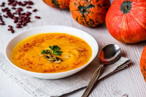 Creamy Pumpkin Soup With Indian Spices – Dr. Kellyann Pumpkin And Ginger Soup, Pumpkin Soup Recipe Easy, Broth Diet, Bone Broth Diet, Creamy Pumpkin Soup, Pumpkin Soup Recipe, Toasted Pumpkin Seeds, Broth Recipes, Tomato And Cheese