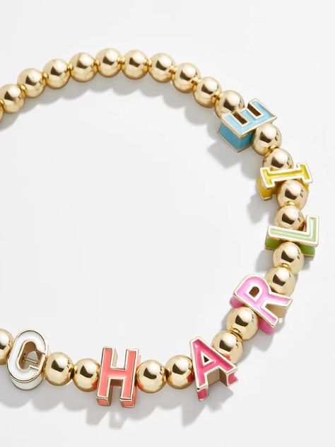 College Bed, Bracelet Meaning, Cutout Letters, Bed Party, Stackable Beaded Bracelets, Preppy Jewelry, Pave Beads, Custom Bracelet, Gold Bead Bracelets