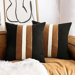 Rust And Black Bedroom Ideas, Family Airbnb, Linen Patchwork, Faux Leather Pillow, Leather Throw Pillows, Cover Couch, Black Lounge, Patchwork Cushion, Boho Throw Pillows